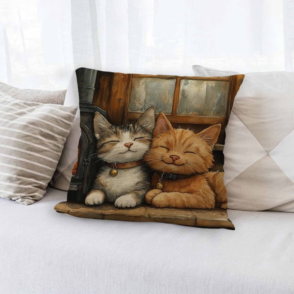 Todaioua Cat Print Pillow Cover Linen Throw Pillowcase Cute Kitty Pattern Decorative Pillow Cover Soft Polyester Pillow Case Home Decor Living Room Bedroom Accent Pillow