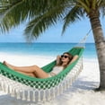 thumbnail image 1 of Todaioua Double Camping Hammock with Tassels, Heavy Duty Canvas Hammock Swing, 2 Person Outdoor Porch Hammock, Portable Backyard Patio Swing Bed, Durable Garden Hanging Bed, Fringe Boho Style Hammock, 1 of 7