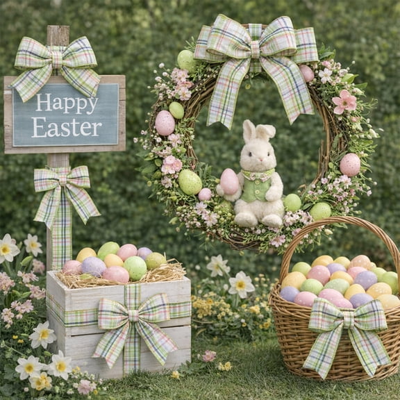 Todaioua Easter Wired Edge Craft Ribbon Spring Floral Bunny Wired Ribbon Watercolor Easter Rabbit Flower Fabric Ribbon for Gift Wrapping Floral Arrangement Wreath Bow DIY Crafts, 5 Yards, 2.5 Inch