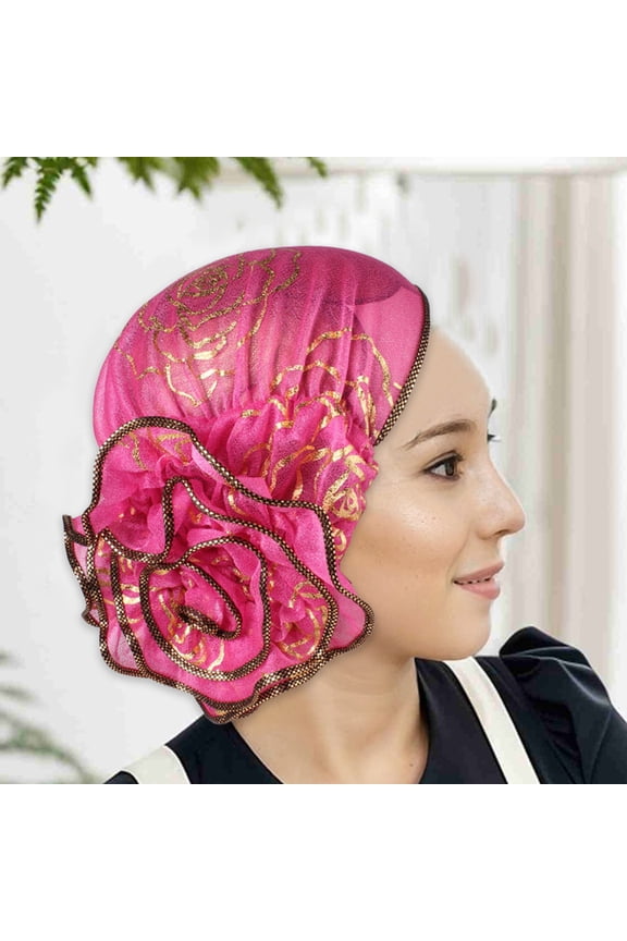 Elegant Flower Turban Beanie Cap Stretchy Hair Wrap for Women Headwrap Beanie Pre-Tied Bonnet Cap Hair Loss Hat