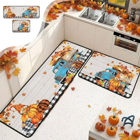 Todaioua Fall Kitchen Rugs and Mats for Floor, Fall Decorations for Home, 2 Pcs Non-Slip Backing Pumpkin Mat, Autumn Decor Thanksgiving Kitchen Rug Sets with Runner 16"x24"+16"x47"