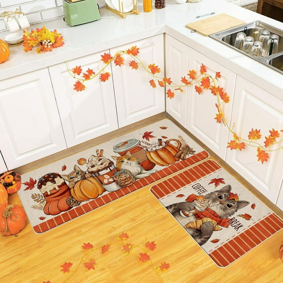 Todaioua Happy Fall Pumpkin Decorative Kitchen Rugs Set of 2, Home Seasonal Fall Holiday Party Autumn Harvest Thanksgiving Kitchen Floor Mat 16"x24"+16"x47"