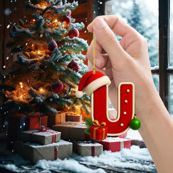 Todaioua Initial Christmas Ornaments Acrylic Xmas Alphabet Stocking Name Tags with Santa Hat, Christmas Balls & Gift Box Pattern Monogram Hanging Pendant for Party Tree Decor