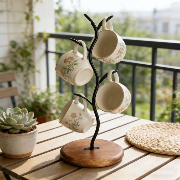 Todaioua Mug Tree Holder, Leaf Branch & Solid Wood Base Mug Holders, Countertop Coffee Mug Trees Organizer for Kitchen, 4 Hooks, Sleek Modern Decor for Coffee Station