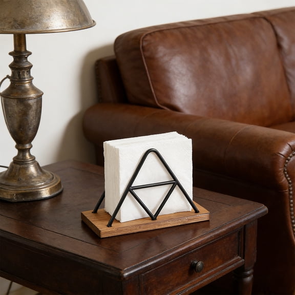 Todaioua Napkin Holder, Metal Wire Triangle Shape & Wooden Paper Towel Holder, Napkin Holder for Table, Modern Napkin Dispenser for Kitchen, Table Decor, Cocktail Bar (Black)