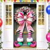 Todaioua Pink Elf Door Cover Christmas Banner for Front Door Outdoor Indoor Decorations Large Holiday Backdrop with Big Bow Striped Legs Shoes Ornaments Snowflake Wreath Candy Party Decor 1packs