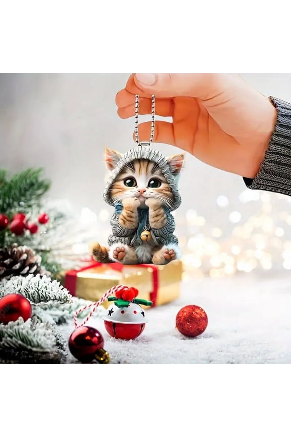 Rear View Car Mirror Hanging Accessories 2D Cute Wearing Cat Car Rearview Mirror Hanging Ornament Cat Charm Keychains Christmas Tree Hanging Ornament Keyring Backpack Decor for Women Girls