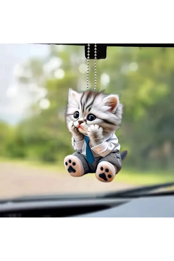 Rear View Car Mirror Hanging Accessories 2D Cute Wearing Cat Car Rearview Mirror Hanging Ornament Cat Charm Keychains Christmas Tree Hanging Ornament Keyring Backpack Decor for Women Girls