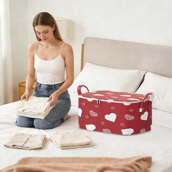 Todaioua Red Heart Shaped Foldable Storage Bag Basket Weave Zipper Organizer For Clothes Blankets Toys Thickened Large Capacity Packing Cube For Travel Home Closet Organizing