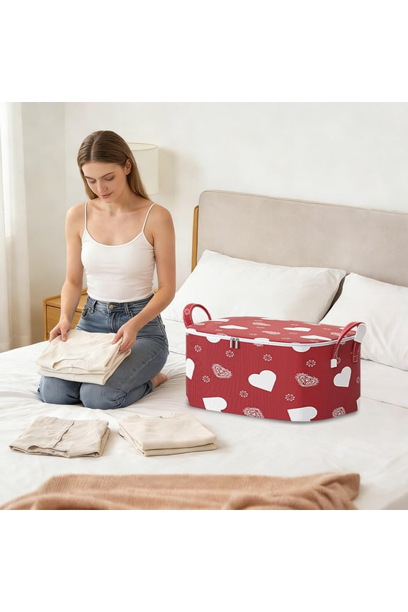 Red Heart Shaped Foldable Storage Bag Basket Weave Zipper Organizer For Clothes Blankets Toys Thickened Large Capacity Packing Cube For Travel Home Closet Organizing