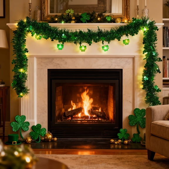 Todaioua St Patrick's Day Garland Lights, Plug in Outdoor Green Global String Lights and Tinsel Shamrock Garland Set, Parallel Connectable for Home Garden Irish Saint Patrick Party Decorations