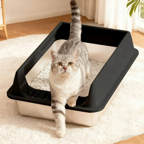 Todaioua Stainless Steel Cat Litter Box Top Entry Enclosed High-Sided Anti-Scatter Odor Control Non-Stick Easy Clean with Scoop Leak Proof Pedal for Small Cats
