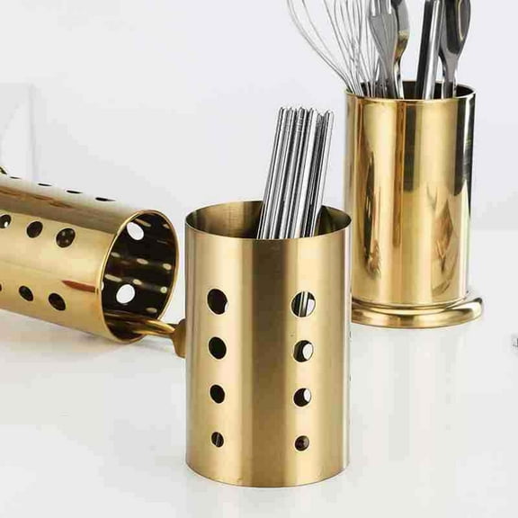 Todaioua Stainless Steel Utensil Holder, 4.9x6.8 inch Round Kitchen Utensil Holder Gold Silverware Spoons Spatula Drying Rack for Countertop, Stylish Kitchen Cooking Utensil Organizer
