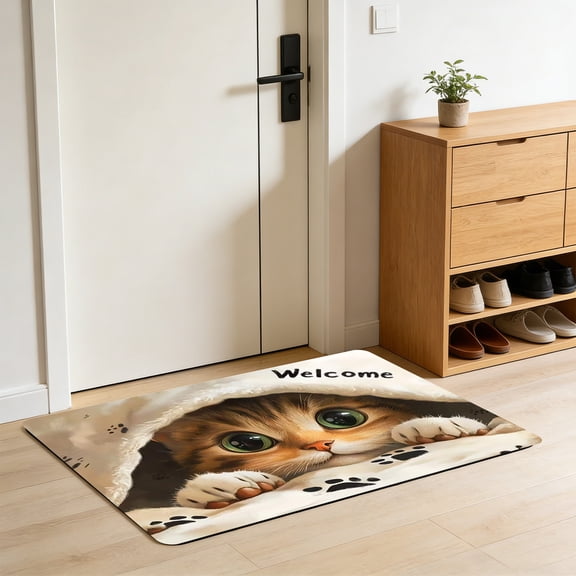 Todaioua Tabby Cat Welcome Doormat 16x24 Inch,Cute Cat Paw Print Welcome Mat,Faux Coco Coir Durable Doormat with Non-Slip PVC Backing for Outdoor Indoor Entrance Porch Home Decor,Gifts for Pet Lovers