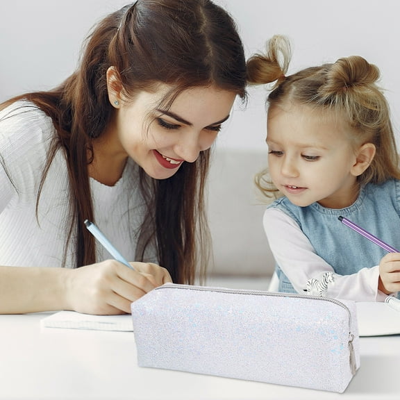 Todaioua White Pencil Box Glitter, Shiny Pencil Case, Stationery Zipper Portable Pencil Case, Stationery Storage Bag, for Daily Study Work - Pretty Gifts for Women