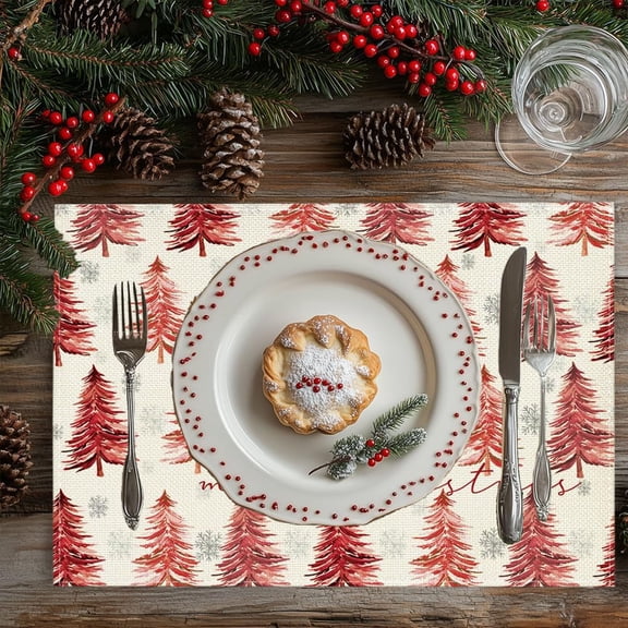 Todaioua Winter Christmas Tree Placemats - 12x18 Inch Heat Resistant Holiday Table Mats for Dining Kitchen Party, Festive Washable Linen Tabletop Protection with Seasonal Evergreen Design