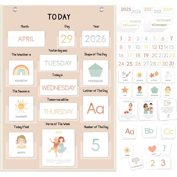 All About Today Calendar and Weather Pocket Chart, 21" x 14" Small Boho Calendar for Kids, Preschool Circle Time Learning Center Toddler Learning Activities Chart, Homeschool Teacher Essentials 155