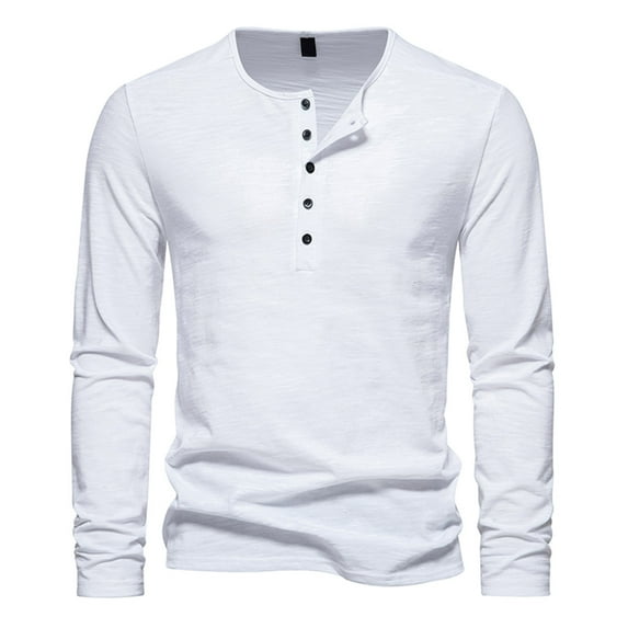 Dagegui Mens Cotton Henley Shirts Long Sleeve Crewneck Buttons T-Shirts Lightweight Casual Basic Shirt Solid Color Fall Daily Tees Tops White,M