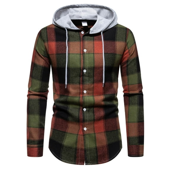 Today Clearance Sale!TMOYZQ Mens Long Sleeve Hooded Plaid Shirts Casual Button Down Flannel Shirts Hoodie Lightweight Drawstring Flannel Shirt Jackets