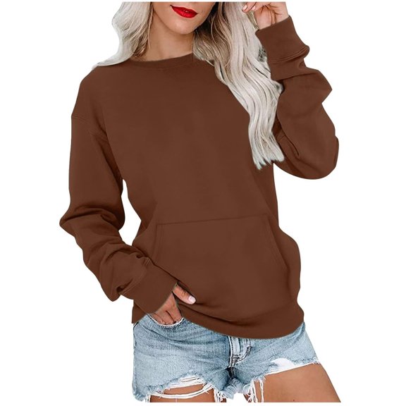 Today YUGYXL Womens Fall Winter Pullover Tops Loose Fit Thin Fleece Sweatshirt Trendy Solid Color Sweatshirts Classic Long Sleeve Blouse Brown,M