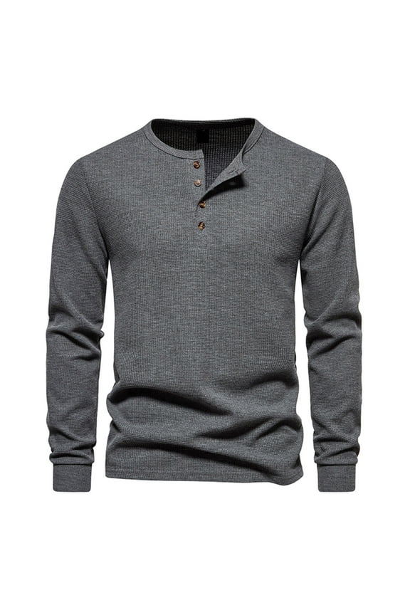 Mens Crewneck Button T-Shirts Waffle Long Sleeve Henley Shirts Solid Color Casual Comfy Pullover Tees Dress Shirt Fall Daily Work Tops Dark Gray,XL