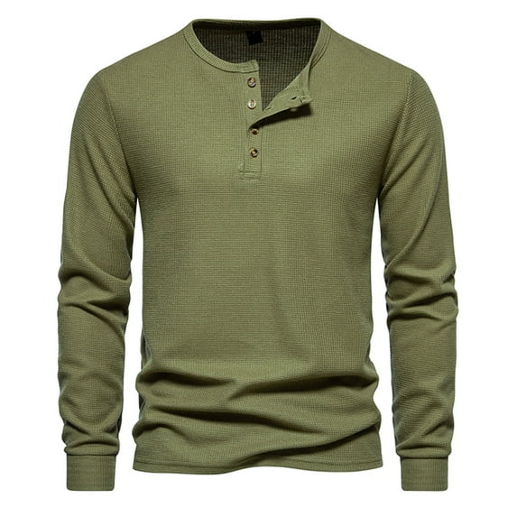 Dagegui Mens Crewneck Button T-Shirts Waffle Long Sleeve Henley Shirts Solid Color Casual Comfy Pullover Tees Dress Shirt Fall Daily Work Tops Army Green,L