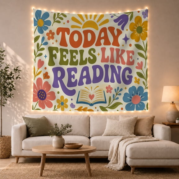 "Today Feels Like Reading" Bubble Lettering on Cream with Sun and Flowers, Nostalgic Retro for Book Lovers, Typographic Wall Art, Birthday Gift, Tapestry Wall Hanging for Dorm Room and Bedroom