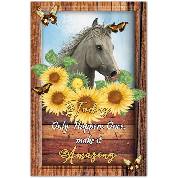 Today Only Happens Once Make It Amazing Wooden Sign Vintage Sunflower Flower Horse Butterfly Door Sign Farm Barn Wall Decor Hanging Plaque Sign for Home Family Living Room Bedroom 12x8in