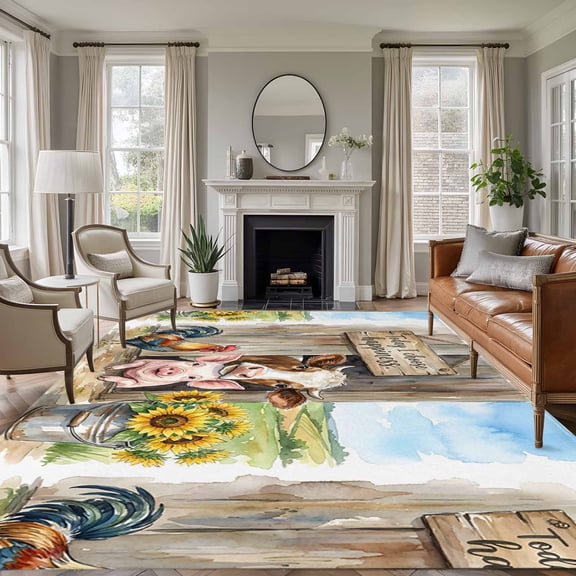 Today I Choose Happiness 5'x7' Rug for Living Room Sofa and Coffee Table Layout, Farm Pig Cow Rooster Summer Sunflowers Non Slip Rectangle Area Rug, Machine Washable Indoor Outdoor Mat