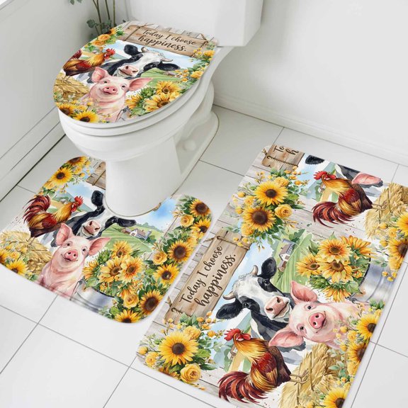 Today I Choose Happiness Bathroom Rugs Set Farm Pig Cow Rooster Summer Sunflower Non Slip Absorbent Soft Bath Mats 3 Piece Set with Bathroom Rug, U-Shaped Floor Mat, Toilet Seat Cover Small Size