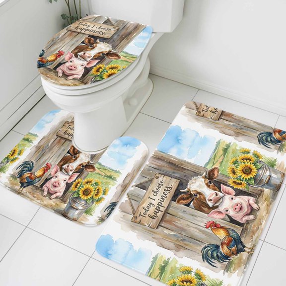 Today I Choose Happiness Bathroom Rugs Set Farm Pig Cow Rooster Summer Sunflowers Non Slip Absorbent Soft Bath Mats 3 Piece Set with Bathroom Rug, U-Shaped Floor Mat, Toilet Seat Cover Small Size
