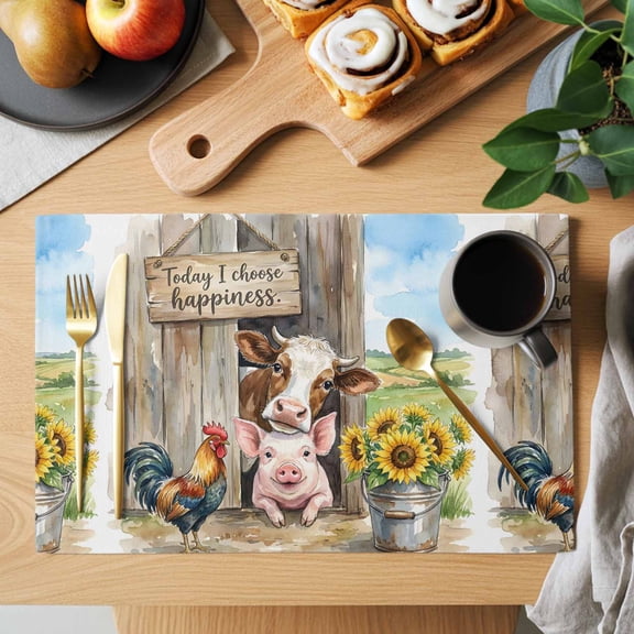 Today I Choose Happiness Placemats Set of 1, Farm Pig Cow Rooster Summer Sunflowers Heat Insulated Linen Place Mats, Washable Stain-Proof Table Mats for Dining Tables Holiday Decor 13x19 Inches