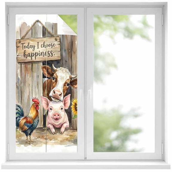 Today I Choose Happiness Window Privacy Film, Farm Pig Cow Rooster Summer Sunflowers Frosted Glass Window Clings Static Cling UV Heat Blocking Reusable Door Sticker for Bathroom 17.7 x 39.3 Inch