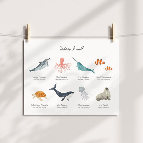 Today I Will Sea Animals Positive Affirmations Nursery Landscape Horizontal Ocean Theme