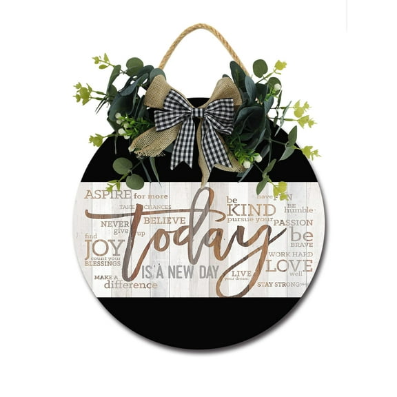 Today Is A New Day Sign for Front Door, Decor for Farmhouse Porch Decorations, Round Wooden Hanging Sign Housewarming Gift for Home Outdoor Indoor