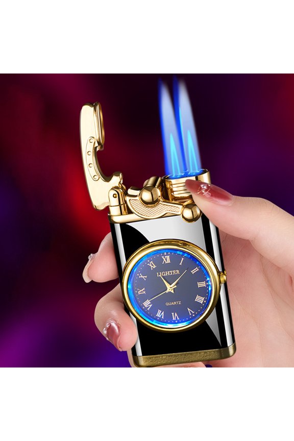 Today Lightning Limited Time Offer of Double Fire Switching Lighter With Quartz Watch Metal Inflatable Windproof Blue Flame Lighter Fashion Gift