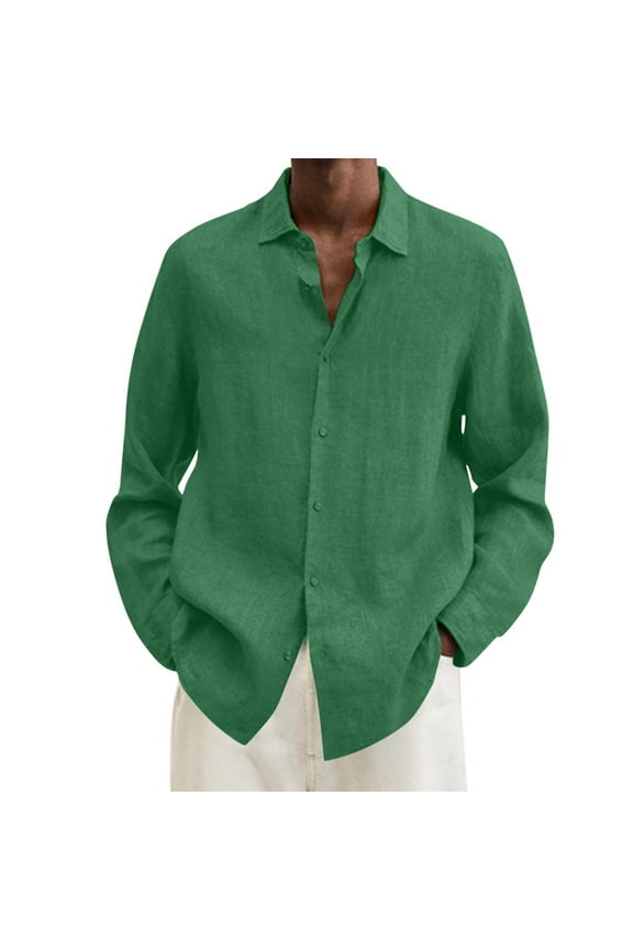 Today Sales! Dagegui Cotton Linen Shirts for Men Solid Color Long Sleeve Lapel T-Shirts Big and Tall Button Down Shirt Casual Loose Fit Basic Tees Fall Tops Green,L
