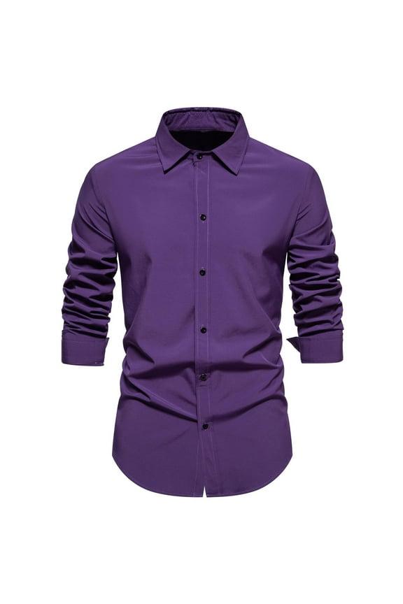 Today Sales! Dagegui Men's Dress Shirts Casual Long Sleeve Button Down T-Shirts Solid Color Lapel Business Shirt Slim Fit Tops Basic Daily Work Tees for Men Purple,XXL