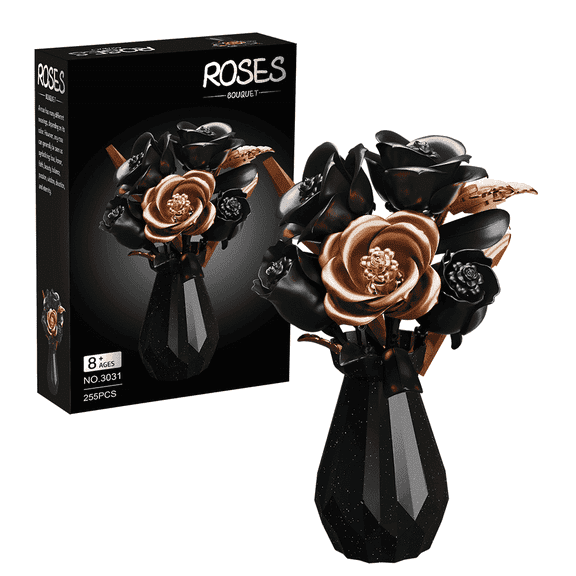Today Store Black Rose Flower Bricks Set with Vase – 3D Decorative Building Bouquet for Desktop Display.