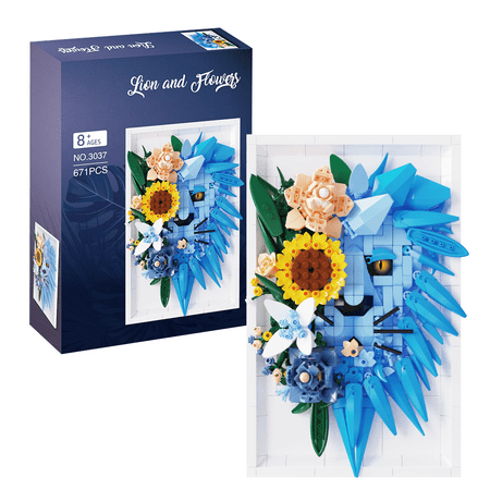 Today Store Blue Lion Wall Art Bricks Set – 3D Floral Animal Building Model with Flowers, Hang or Display.