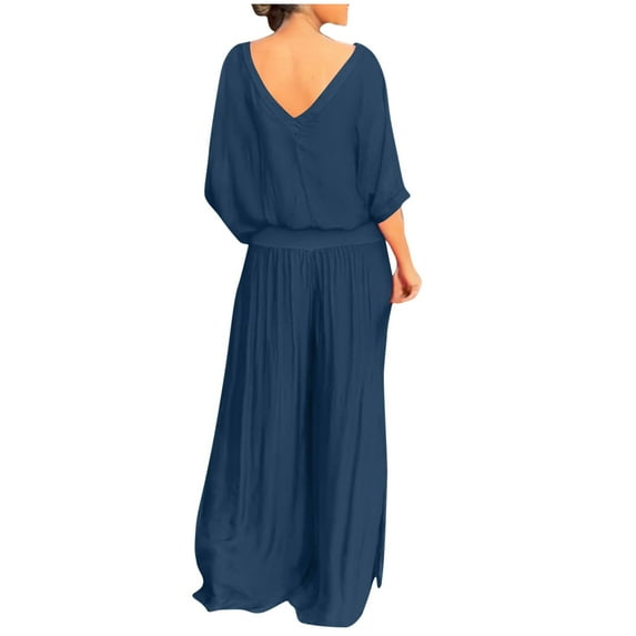 Today kttectoa Lightweight Split Fork Casual Sets Two Piece Sets for Women Solid V-Neck Half Sleeve Elastic Waist Wide Leg Pants Sets for Women Outerwear