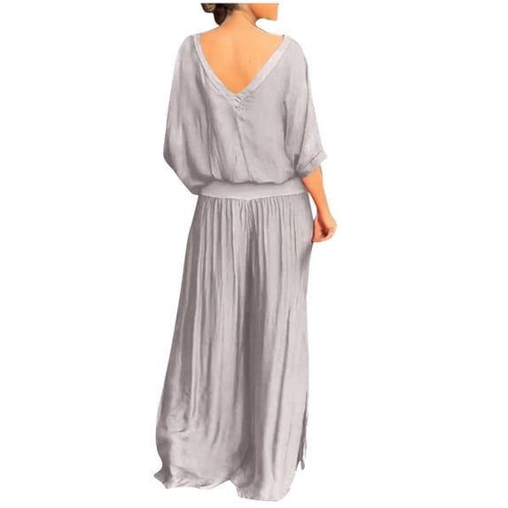 Today kttectoa Lightweight Split Fork Casual Sets Two Piece Sets for Women Solid V-Neck Half Sleeve Elastic Waist Wide Leg Pants Sets for Women Outerwear