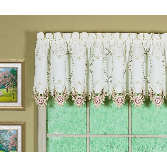 Today's Curtain Verona Reverse Embroidery Tailored Valance, 18", Ecru/Rose, 70" W X 18" L