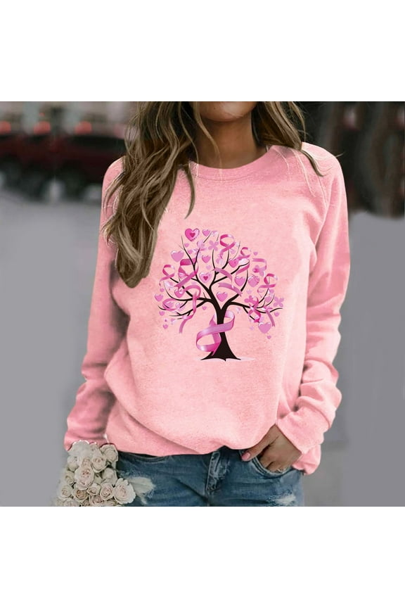 Today's Deal Abomasnow Breast Cancer Shirts for Women Trendy Fall Pink Ribbon Print Breast Cancer Awareness Sweatshirt Casual Long Sleeve Crew Neck Pullover Tops