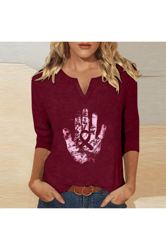 Today's Deal Abomasnow Womens Breast Cancer Shirts Pink Ribbon Tshirt Casual 3/4 Sleeve V-Neck Tees Breast Cancer Awareness Pullover Tops