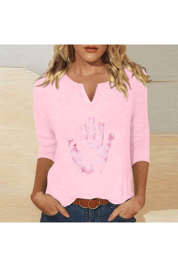 Today's Deal Abomasnow Womens Breast Cancer Shirts Pink Ribbon Tshirt Casual 3/4 Sleeve V-Neck Tees Breast Cancer Awareness Pullover Tops