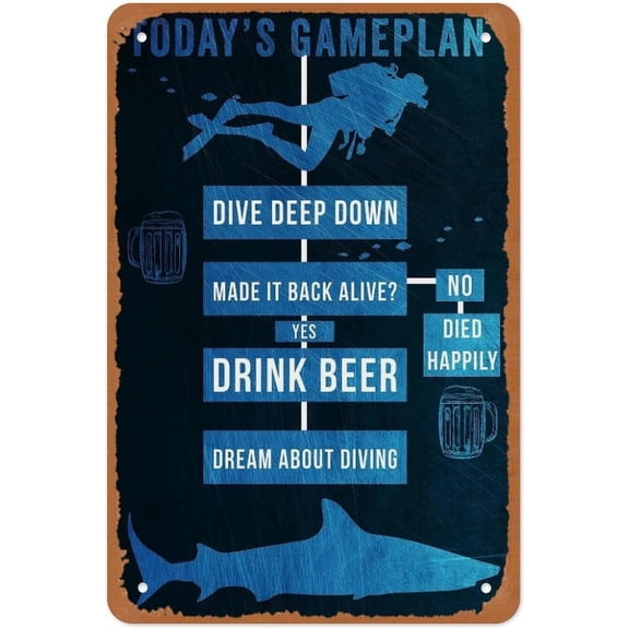 Today’s Gameplan Scuba Diving Metal Tin Sign – Funny Dive Beer Poster, Ocean Diver Wall Art for Beach House Boat Bar Man Cave Decor, Vintage Retro Sign 12x8 Inch