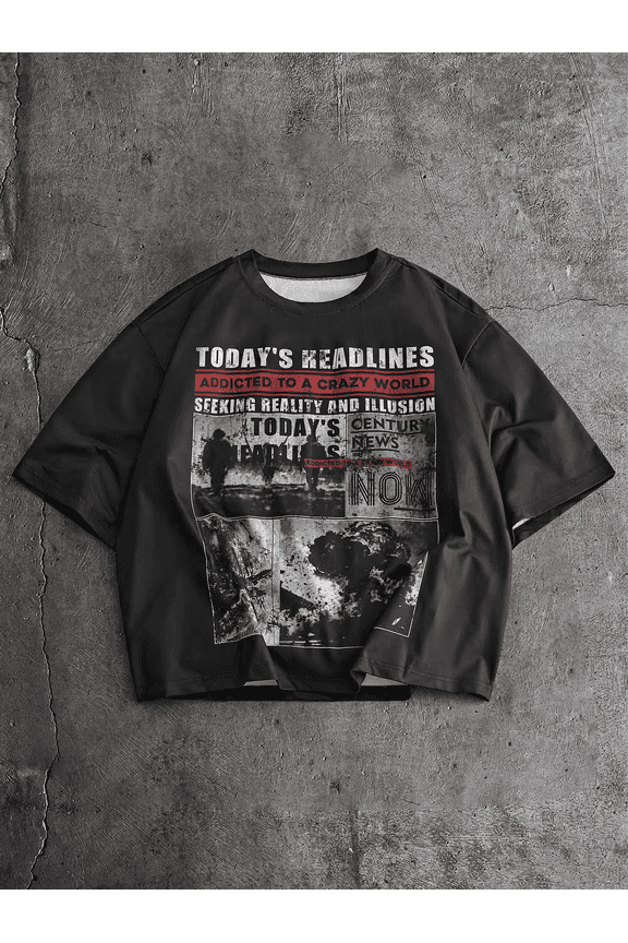 Today's Headlines Newspaper Collage Print Vintage Grunge Y2K Short Sleeves Crewneck Cotton Unisex Men's Women's Tee Shirt
