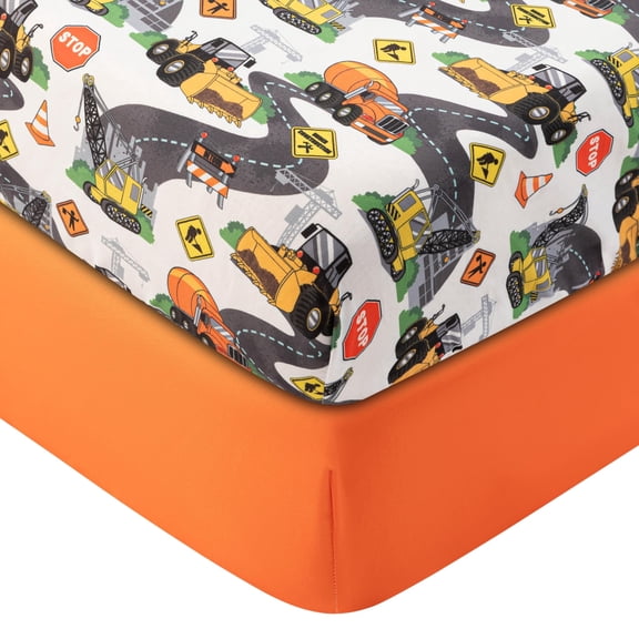 Today's Kids 2-Pack Under Construction Fitted Baby Crib Sheets Boy - Soft & Breathable Nursery Toddler Bed Sheets for Boys, Solid Color & Printed Set Elastic Edge Deep Pockets, Fits 28 x 52" Mattress