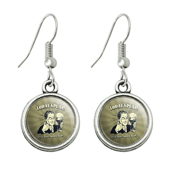 Today's Plan Drink Beer Ignore Stuff Funny Humor Novelty Dangling Drop Charm Earrings